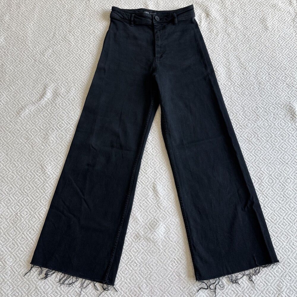 Zara The Marine Straight High Rise Wide Leg Jeans Black Raw Hem Size 6
